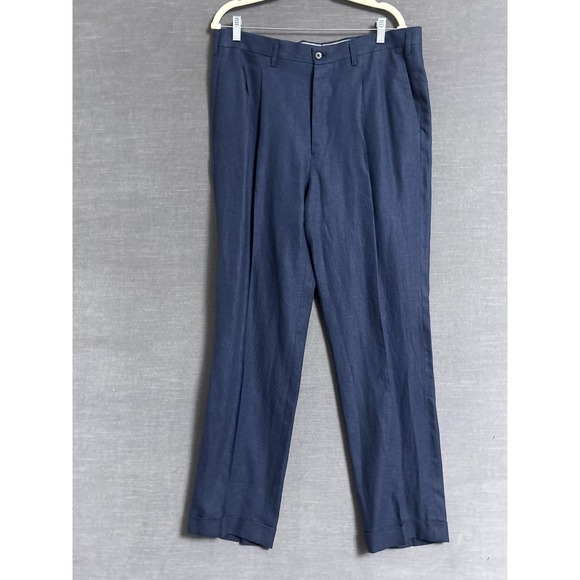 Besnard Pants 36x32 Navy Blue Linen Italy Pleated Dress Trousers Nautical Preppy - Picture 1 of 13
